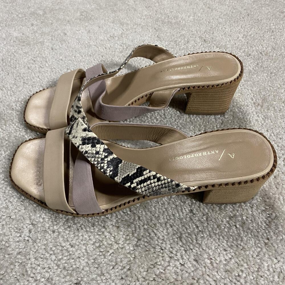 Anthropologie Sandals Womens 9.5 Beige Slide Block Heel‎ Snake Print Leather